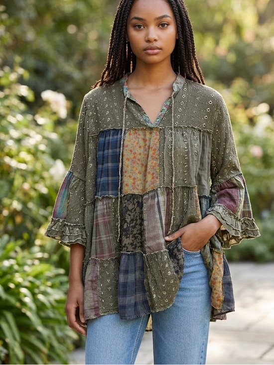 Young Threads Tops - Patchwork Olive Peasant Tunic Top